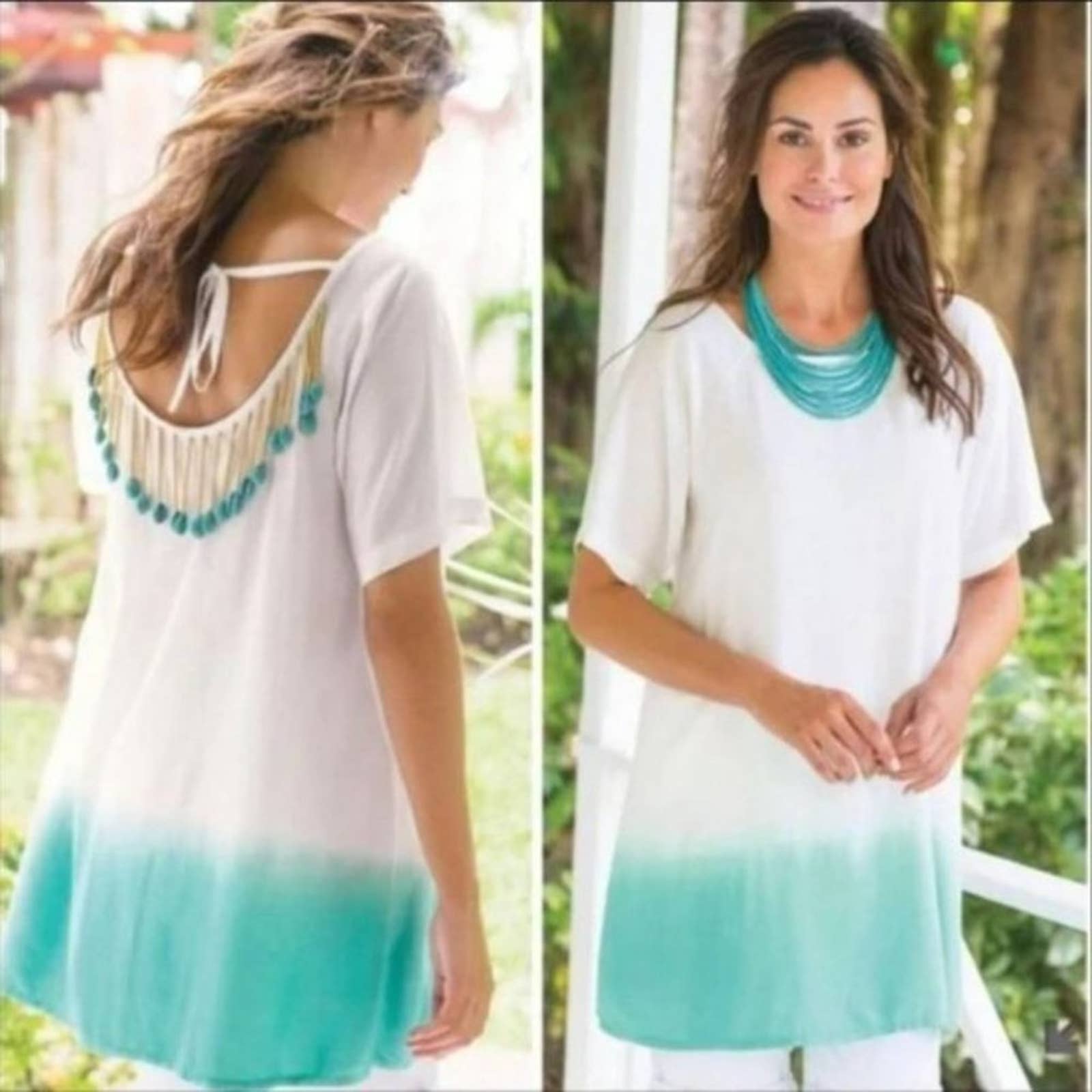 Soft Surroundings Ombre Puka Turquoise Shell Top Dip Dye Beach Shirt {A53}